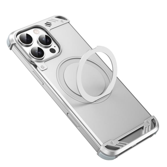 ELEHOLD for iPhone 16 Pro Case,Compatible with Mag safe Accessory, Bezel Less Metal Slim Hard Shockproof Ultra Thin Frameless Case with Ring Stand Holder Magnetic Cover,Silver
