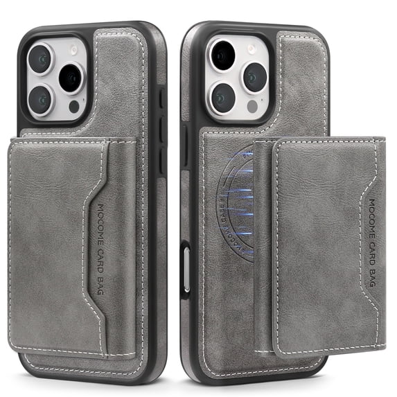 ELEHOLD for iPhone 16 Pro Case , Compatible Mag safe Accessory Luxury 2 in 1 Detachable PU Leather Flip Kickstand Credit Slots Wallet Shockproof Case for iPhone 16 Pro,Gray