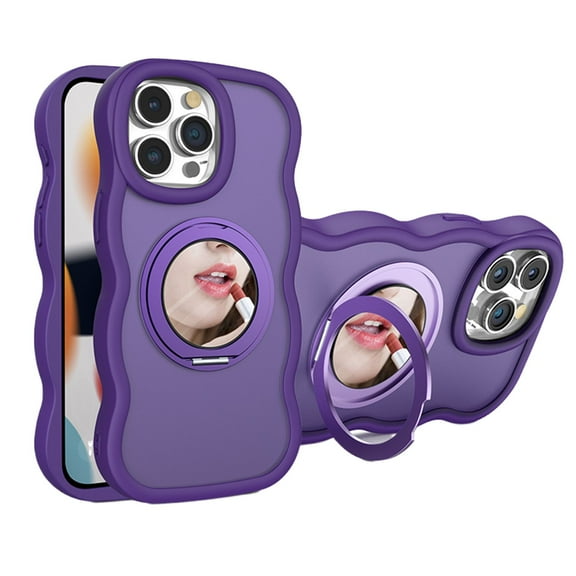 ELEHOLD for iPhone 16 Pro Case, Cute Curly Wavy Shape Magnetic Small Mirror Ring Stand Women Girls Shockproof Protection Case with Strap for iPhone 16 Pro,Purple
