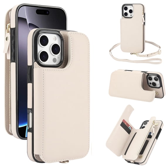 ELEHOLD for iPhone 16 Pro Case,Flip Kickstand RFID Blocking Card Slot Holder Zipper PU Leather Crossbody Wallet Shock-Absorbent Protective Case with Crossbody Strap,White
