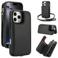 thumbnail image 1 of ELEHOLD for iPhone 16 Pro Case,Flip Kickstand RFID Blocking Card Slot Holder Zipper PU Leather Crossbody Wallet Shock-Absorbent Protective Case with Crossbody Strap,Black, 1 of 6