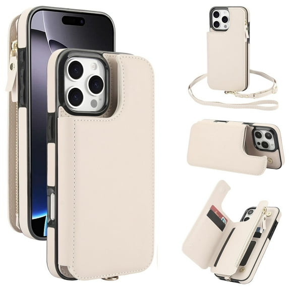 ELEHOLD for iPhone 16 Pro Case,Flip Kickstand RFID Blocking Card Slot Holder Zipper PU Leather Crossbody Wallet Shock-Absorbent Protective Case with Crossbody Strap,White