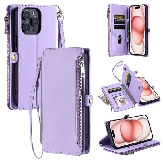 ELEHOLD for iPhone 16 Pro Case, Full Body Protection Crossbody Flip Zipper Credit Card Slot Wallet Case Kickstand Shockproof Leather Case with Shoulder Strap and Wrist Strap, Purple