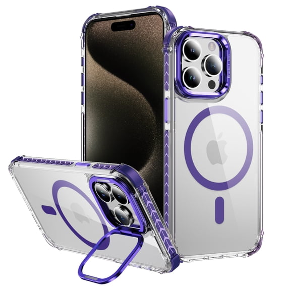 ELEHOLD for iPhone 16 Pro Case,Magnetic Compatible with Mag Safe Accessory Slim Thin Kickstand Shockproof Transparent Bumper Cover Non-Yellowing Shock-Absorbent Case for iPhone 16 Pro,Purple