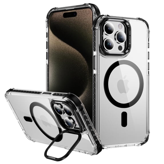 ELEHOLD for iPhone 16 Pro Case,Magnetic Compatible with Mag Safe Accessory Slim Thin Kickstand Shockproof Transparent Bumper Cover Non-Yellowing Shock-Absorbent Case for iPhone 16 Pro,Black