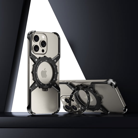 ELEHOLD for iPhone 16 Pro Case, Magnetic Ring Kickstand Aluminum Metal Frameless Design Bumper Luminous Scale Gear Shape Shockproof Case for iPhone 16 Pro,Black
