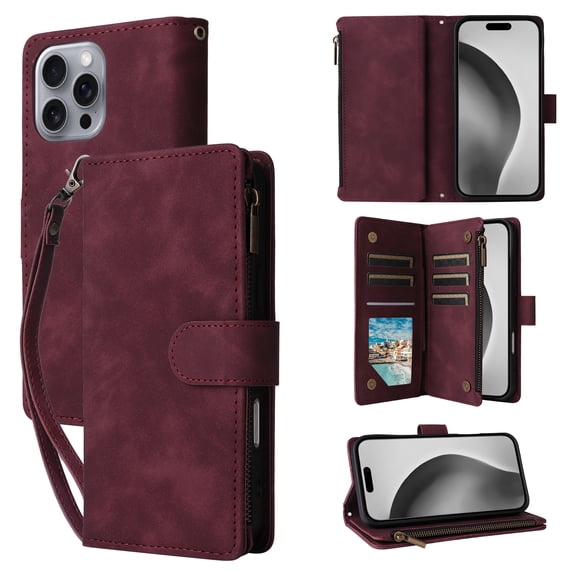 ELEHOLD for iPhone 16 Pro Case, PU Leather Case Magnetic Closure Handbag Zipper Pocket Kickstand Card Slots Flip Shockproof Wallet Case with Strap,Winered