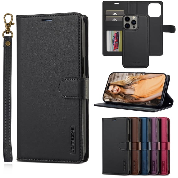 ELEHOLD for iPhone 16 Pro Case, Premium PU Leather Detachable Folio Cover RFID Blocking Card Slots Holder Magnetic Kickstand Full Protective Case with Wrist Strap for iPhone 16 Pro,Black