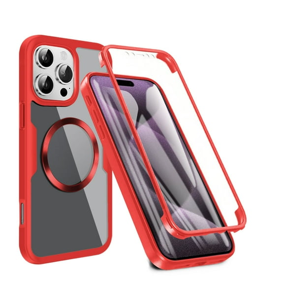 ELEHOLD for iPhone 16 Pro Case with Screen Protector, Compatible with Mag safe Accessory, Built in Screen Protector Clear Full Body Protection Slim Rugged Shockproof Case for iPhone 16 Pro,Red