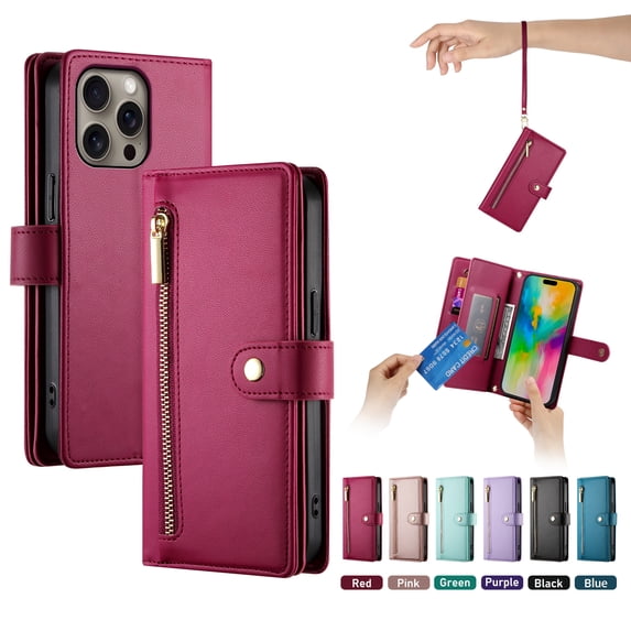 ELEHOLD for iPhone 16 Pro Flip Case, Wallet Zipper Magnetic Buckle Kickstand Wrist Strap Multifunctional Card Slots Wallet Business Case with Crossbody and Wrist Strap,Red