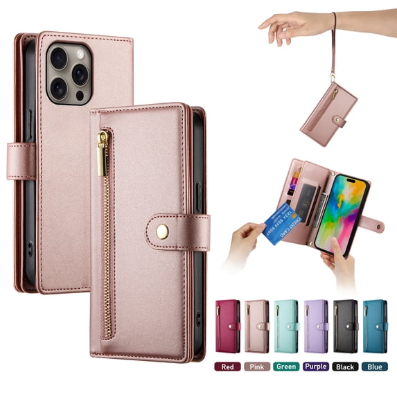 ELEHOLD for iPhone 16 Pro Flip Case, Wallet Zipper Magnetic Buckle Kickstand Wrist Strap Multifunctional Card Slots Wallet Business Case with Crossbody and Wrist Strap,Pink