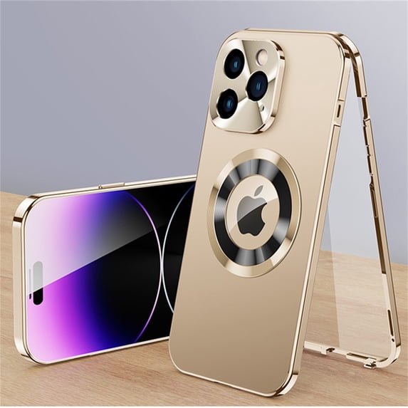 ELEHOLD for iPhone 16 Pro Full Body Case,Double Sided with Built-in Tempered Glass Screen Protector Metal Frame Plating PC Back Panel Shockproof Rugged Case for iPhone 16 Pro ,Gold
