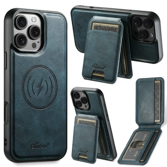 ELEHOLD for iPhone 16 Pro Leather Case Premium Leather Material with  Magnetic Detachable Card Holder Compatible with Mag Safe Charging Shockproof Slim Lightweight Case for iPhone 16 Pro ,Blue