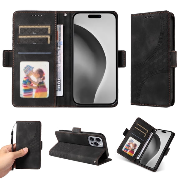 ELEHOLD For iPhone 16 Pro Leather Wallet Phone Case, Embossed Diamond Folio Flip Cover, Card Holder Cash Slot, Stand Support, Wrist Strap Lanyard -Black