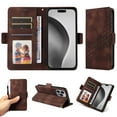 thumbnail image 1 of ELEHOLD For iPhone 16 Pro Leather Wallet Phone Case, Embossed Diamond Folio Flip Cover, Card Holder Cash Slot, Stand Support, Wrist Strap Lanyard -Coffee, 1 of 10