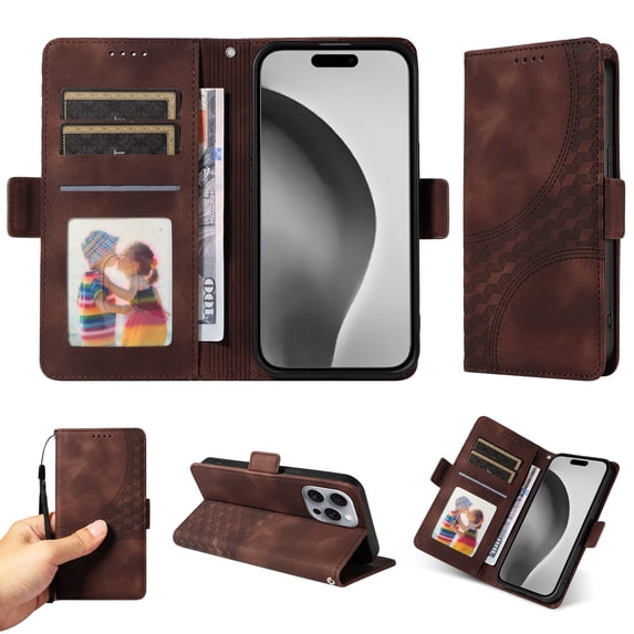 ELEHOLD For iPhone 16 Pro Leather Wallet Phone Case, Embossed Diamond Folio Flip Cover, Card Holder Cash Slot, Stand Support, Wrist Strap Lanyard -Coffee