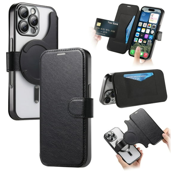 ELEHOLD for iPhone 16 Pro Max Case,Compatible with Mag Safe Accessories, Luxury Business 2 in 1 Detachable Flip Walle PU Leather Clear Soft TPU Back Folio Case+Camera Lens Protector,Black