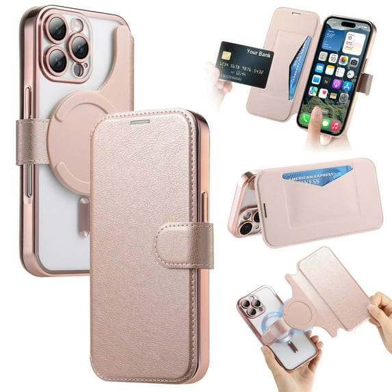 ELEHOLD for iPhone 16 Pro Max Case,Compatible with Mag Safe Accessories, Luxury Business 2 in 1 Detachable Flip Walle PU Leather Clear Soft TPU Back Folio Case+Camera Lens Protector,Rosegold