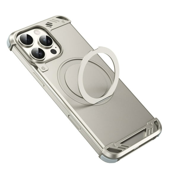 ELEHOLD for iPhone 16 Pro Max Case,Compatible with Mag safe Accessory, Bezel Less Metal Slim Hard Shockproof Ultra Thin Frameless Case with Ring Stand Holder Magnetic Cover,Titanium