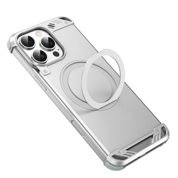 ELEHOLD for iPhone 16 Pro Max Case,Compatible with Mag safe Accessory, Bezel Less Metal Slim Hard Shockproof Ultra Thin Frameless Case with Ring Stand Holder Magnetic Cover,Silver