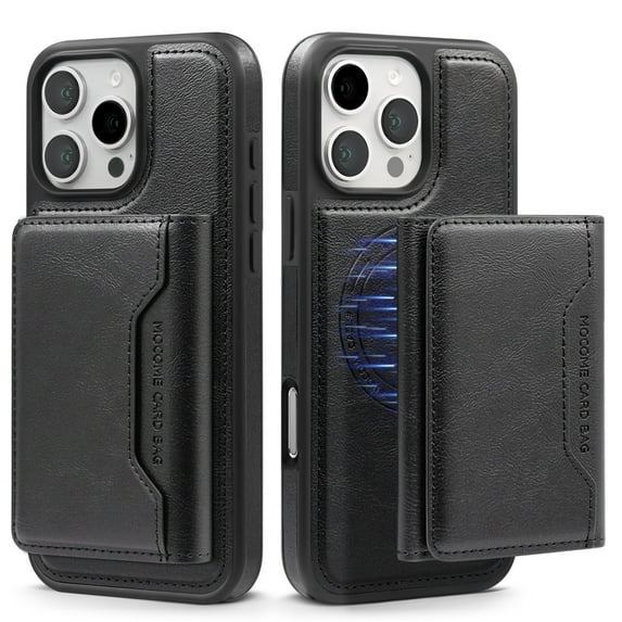 ELEHOLD for iPhone 16 Pro Max Case , Compatible Mag safe Accessory Luxury 2 in 1 Detachable PU Leather Flip Kickstand Credit Slots Wallet Shockproof Case for iPhone 16 Pro Max,Black