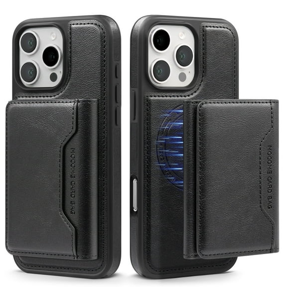 ELEHOLD for iPhone 16 Pro Max Case , Compatible Mag safe Accessory Luxury 2 in 1 Detachable PU Leather Flip Kickstand Credit Slots Wallet Shockproof Case for iPhone 16 Pro Max,Black