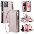thumbnail image 1 of ELEHOLD for iPhone 16 Pro Max Case,  Full Body Protection Crossbody Flip Zipper Credit Card Slot Wallet Case Kickstand Shockproof Leather Case with Shoulder Strap and Wrist Strap, Rosegold, 1 of 11