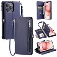 thumbnail image 1 of ELEHOLD for iPhone 16 Pro Max Case,  Full Body Protection Crossbody Flip Zipper Credit Card Slot Wallet Case Kickstand Shockproof Leather Case with Shoulder Strap and Wrist Strap, Darkblue, 1 of 10