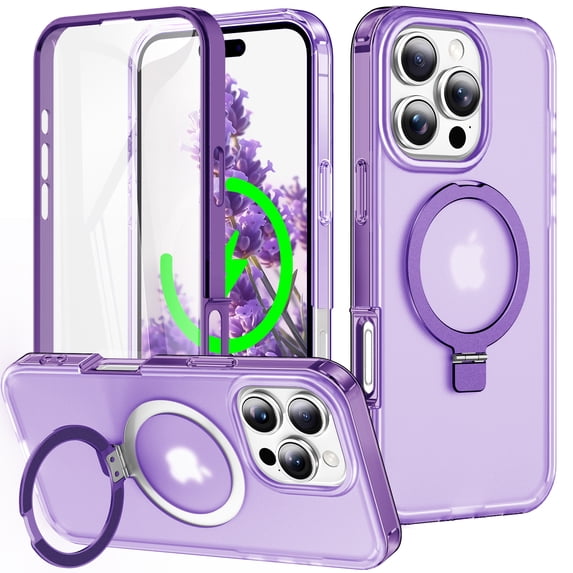 ELEHOLD for iPhone 16 Pro Max Case,Magnetic Compatible with Mag Safe Accessory Invisible Stand Built-in Screen Protector Military Drop Protection Shockproof Frosted Translucent Case,Purple