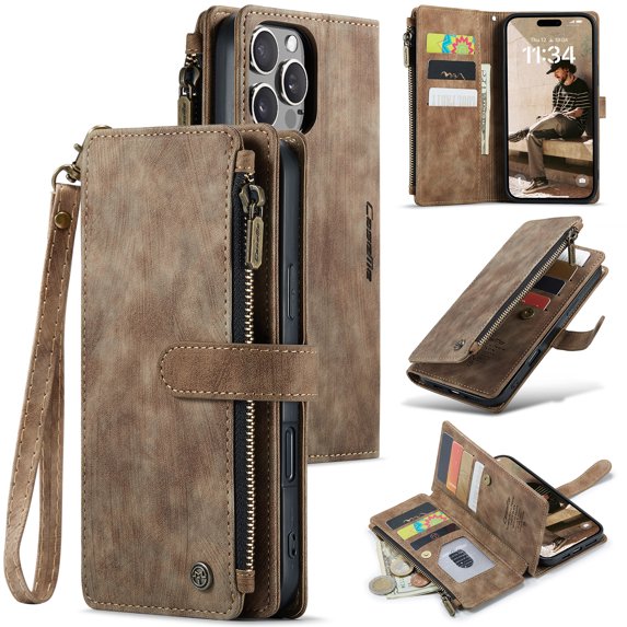 ELEHOLD for iPhone 16 Pro Max Case for Men Women Wallet Case, Premium Leather Shockproof Purse Case with Credit Card Slots Zipper Pocket Anti-Loss Wriststrap iPhone 16 Pro Max,Brown