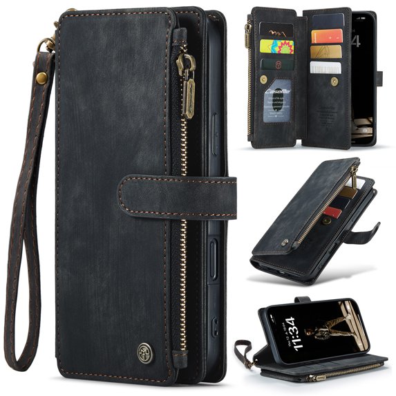 ELEHOLD for iPhone 16 Pro Max Case for Men Women Wallet Case, Premium Leather Shockproof Purse Case with Credit Card Slots Zipper Pocket Anti-Loss Wriststrap iPhone 16 Pro Max,Black