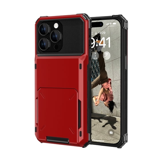 ELEHOLD for iPhone 16 Pro Max Case, Open Back Wallet Hidden Card Slot Rugged Shockproof Hybrid Hard PC Shell Anti-Scratch Protective Case for iPhone 16 Pro Max,Red