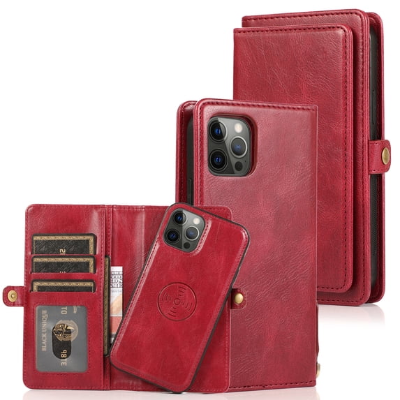 ELEHOLD for iPhone 16 Pro Max Luxury Heavy Duty Wallet Case with Card Slots Dual-Use Detachable Phone Case Magnetic Function Lanyard Shockproof Wallet Case,Red