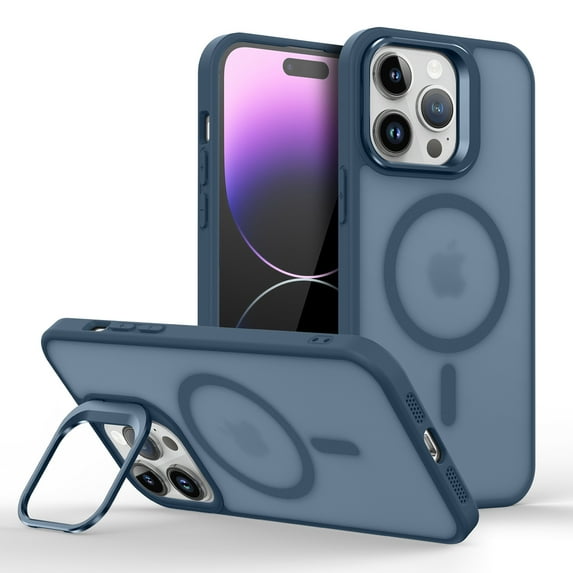 ELEHOLD For iPhone 16 Pro Max Magnetic Shockproof Case, Micro Frosted Clear Skin-Friendly Rugged Cover, MagSafe Compatible, Invisible Lens Frame Kickstand, Darkblue
