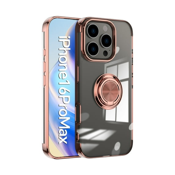 ELEHOLD for iPhone 16 Pro Max Plating Clear Case,Transparent Case with Ring Holder Kickstand Work with Magnetic Car Mount Shockproof Protective Cover Phone Case for iPhone 16 Pro Max,Rosegold