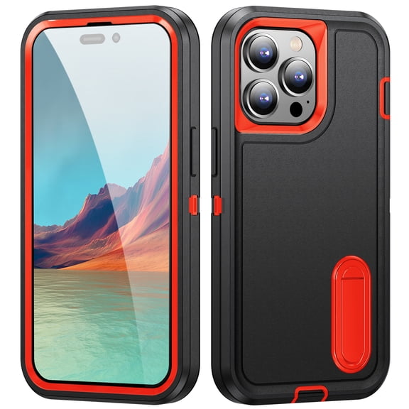 ELEHOLD for iPhone 16 Pro Max Rugged Protective Case Multi Layer Shockproof Hidden Kickstand Hybrid Silicone Hard PC Cover for iPhone 16 Pro Max,Black+Orange