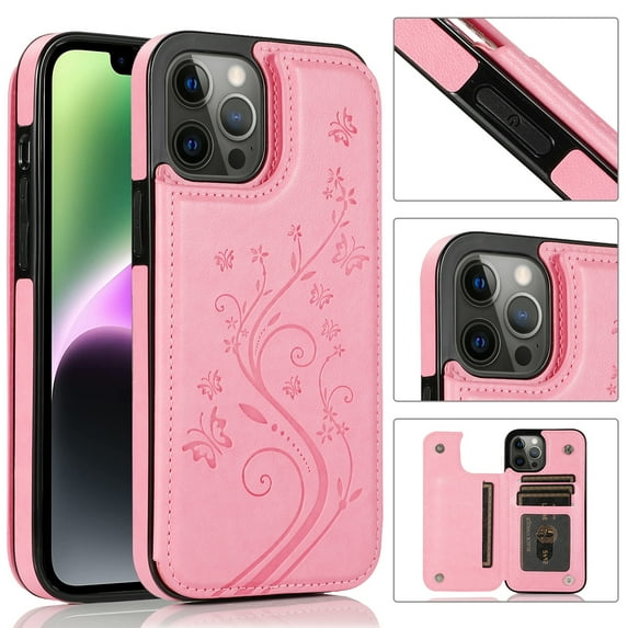 ELEHOLD for iPhone 16 Pro Max Wallet Case, Flower Embossed Pattern Magnetic Button Card Holders PU Leather Cover Kickstand Function Shockproof Protective Case for iPhone 16 Pro Max, Pink