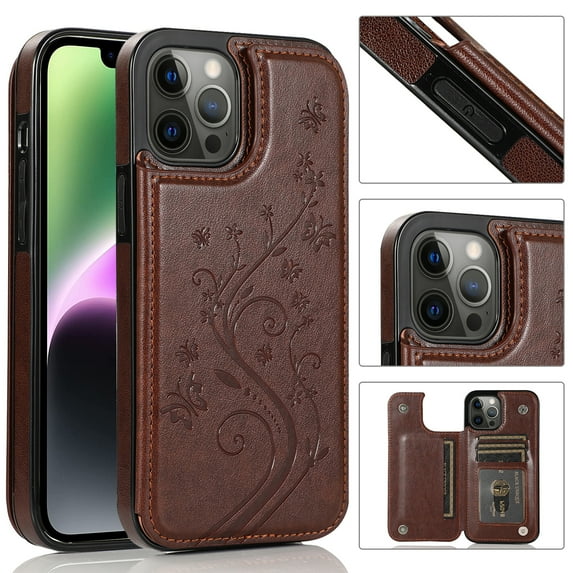ELEHOLD for iPhone 16 Pro Max Wallet Case, Flower Embossed Pattern Magnetic Button Card Holders PU Leather Cover Kickstand Function Shockproof Protective Case for iPhone 16 Pro Max, Brown