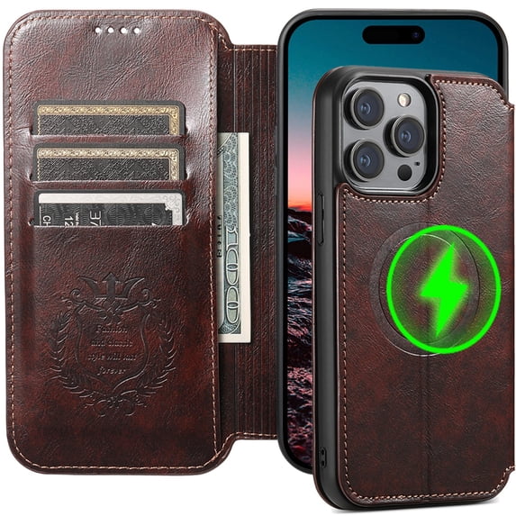 ELEHOLD for iPhone 16 Pro Max Wallet Case Premium Leather with Card Slots Kickstand Function Magnetic Absorption Compatible with Mag Safe Charging Shockproof Protective Case,Brown