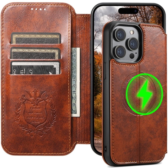 ELEHOLD for iPhone 16 Pro Max Wallet Case Premium Leather with Card Slots Kickstand Function Magnetic Absorption Compatible with Mag Safe Charging Shockproof Protective Case,Khaki