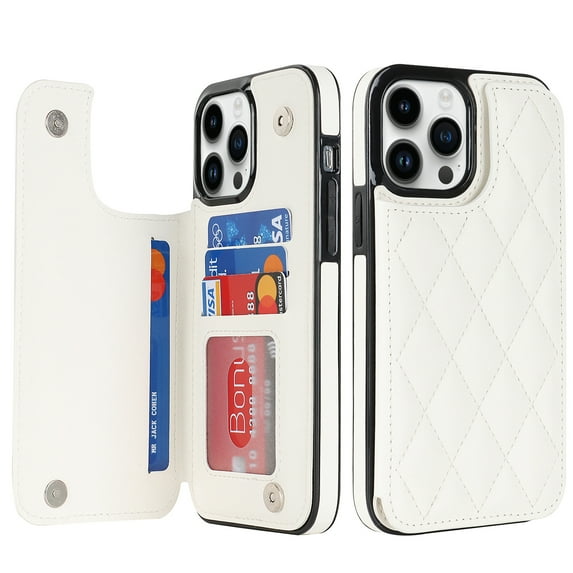 ELEHOLD for iPhone 16 Pro Max Wallet Case, RFID Blocking Card Holders Luxury Argyle Pattern Leather Case Kickstand Magnetic Button Slim Lightweight Shockproof Purse Case,White