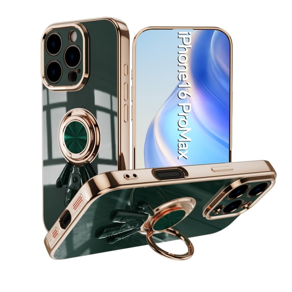 ELEHOLD Plating Case For iPhone 16 Pro – TPU Slim Magnetic Shockproof Cover, 360° Rotatable Ring Stand, 3D Astronaut Design, Lens All-Inclusive Protection, Darkgreen