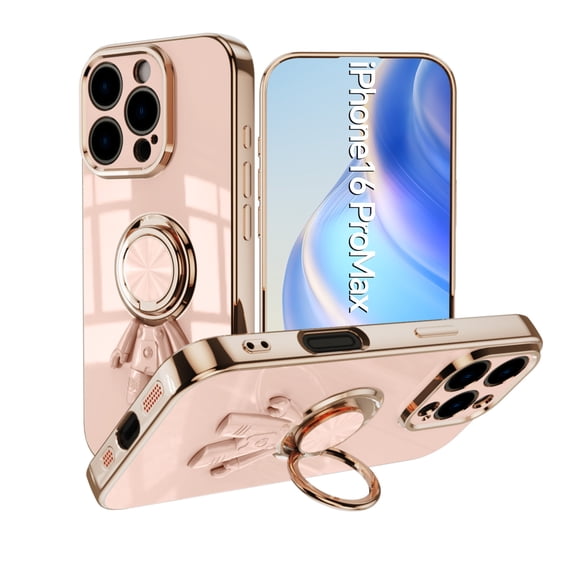 ELEHOLD Plating Case For iPhone 16 Pro – TPU Slim Magnetic Shockproof Cover, 360° Rotatable Ring Stand, 3D Astronaut Design, Lens All-Inclusive Protection, Lightpink