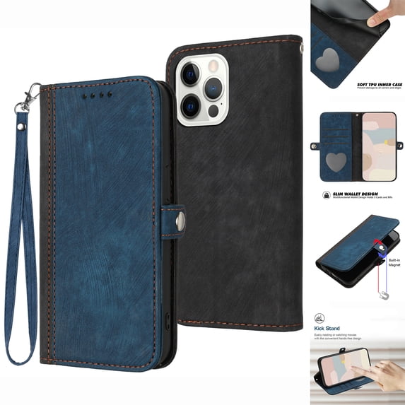 ELEHOLD for iPhone 16 Pro Wallet Case with Detachable Wrist Strap Handbag, Luxury PU Leather Flip Soft TPU Built-in Magnetic Card Slots Kickstand Function Shockproof Protective Cover Case,Blue