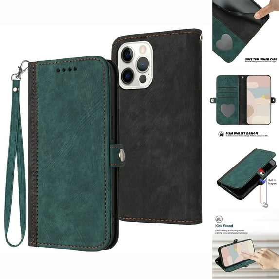ELEHOLD for iPhone 16 Pro Wallet Case with Detachable Wrist Strap Handbag, Luxury PU Leather Flip Soft TPU Built-in Magnetic Card Slots Kickstand Function Shockproof Protective Cover Case,Darkgreen