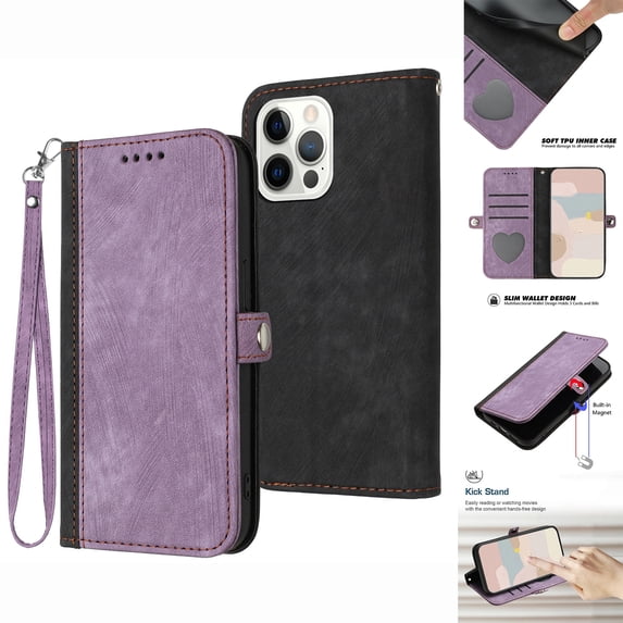 ELEHOLD for iPhone 16 Pro Wallet Case with Detachable Wrist Strap Handbag, Luxury PU Leather Flip Soft TPU Built-in Magnetic Card Slots Kickstand Function Shockproof Protective Cover Case,Purple