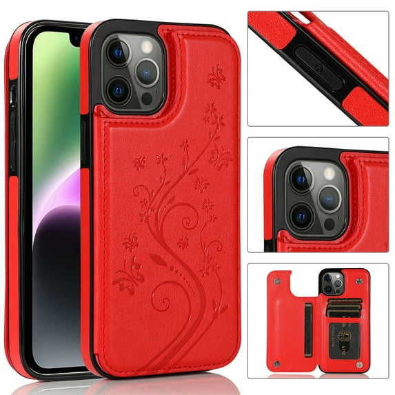 ELEHOLD for iPhone 16 Pro Wallet Case, Flower Embossed Pattern Magnetic Button Card Holders PU Leather Cover Kickstand Function Shockproof Protective Case for iPhone 16 Pro, Red