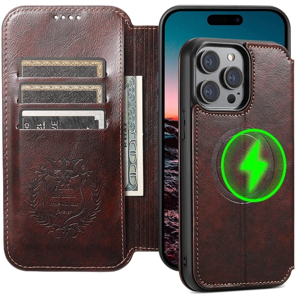 ELEHOLD for iPhone 16 Pro Wallet Case Premium Leather with Card Slots Kickstand Function Magnetic Absorption Compatible with Mag Safe Charging Shockproof Protective Case,Brown