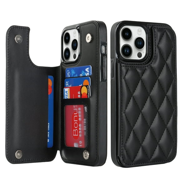 ELEHOLD for iPhone 16 Pro Wallet Case, RFID Blocking Card Holders Luxury Argyle Pattern Leather Case Kickstand Magnetic Button Slim Lightweight Shockproof Purse Case,Black