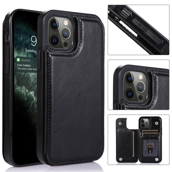 ELEHOLD for iPhone 16 Pro Wallet Case , Ultra Slim Luxury Premium Leather Card Holder Kickstand Shockproof Magnetic Clasp Protective Case for iPhone 16 Pro,Black